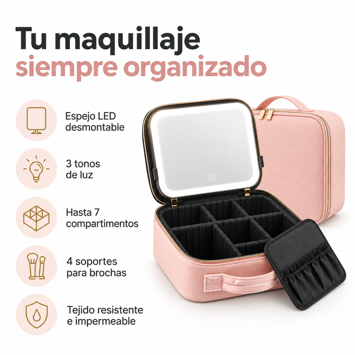 Organizador de maquillaje portátil con espejo LED