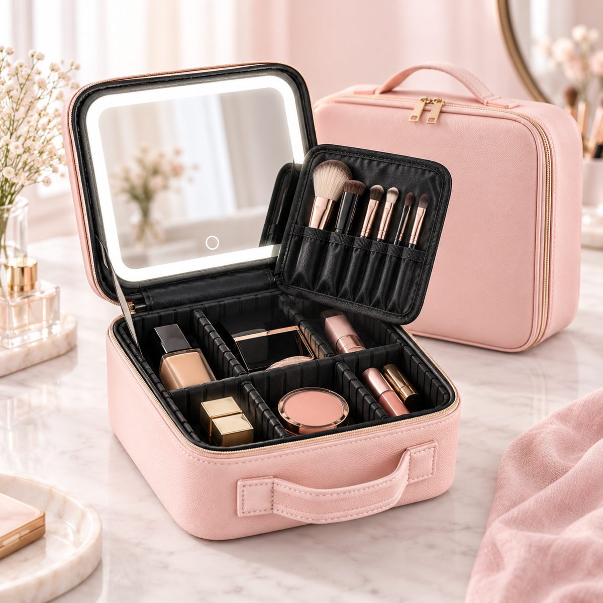 Organizador de maquillaje portátil con espejo LED