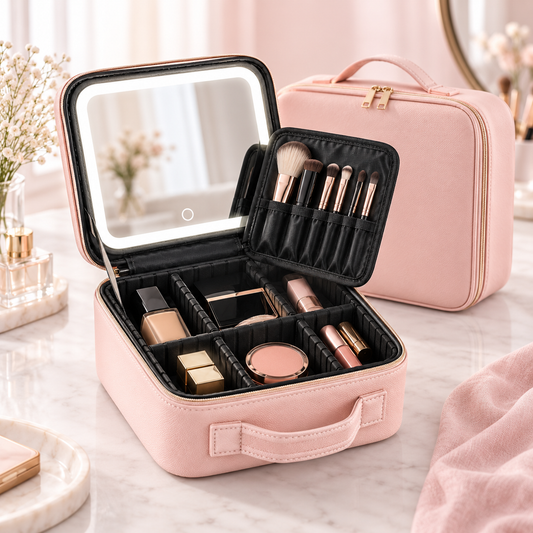 Organizador de maquillaje portátil con espejo LED